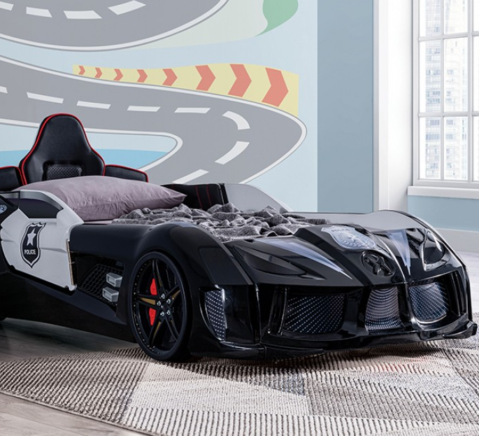 Patrolene Police Theme Twin Race Car Bed with LED Lights & Sound – Black/White