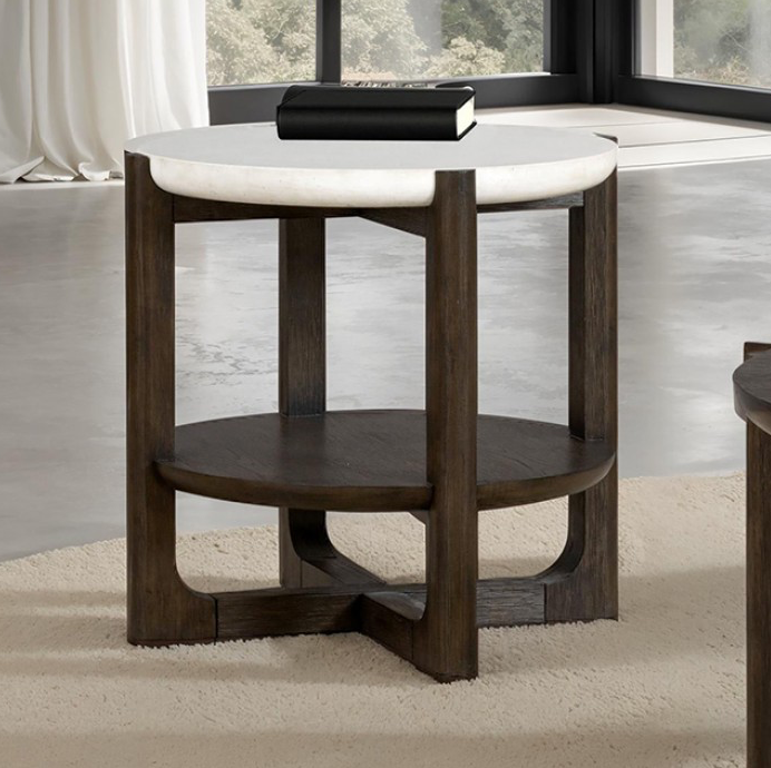 Vellara Transitional End Table with Quartz Stone Top & USB Charging – Dark Walnut - Finally Home Furnishings LLC