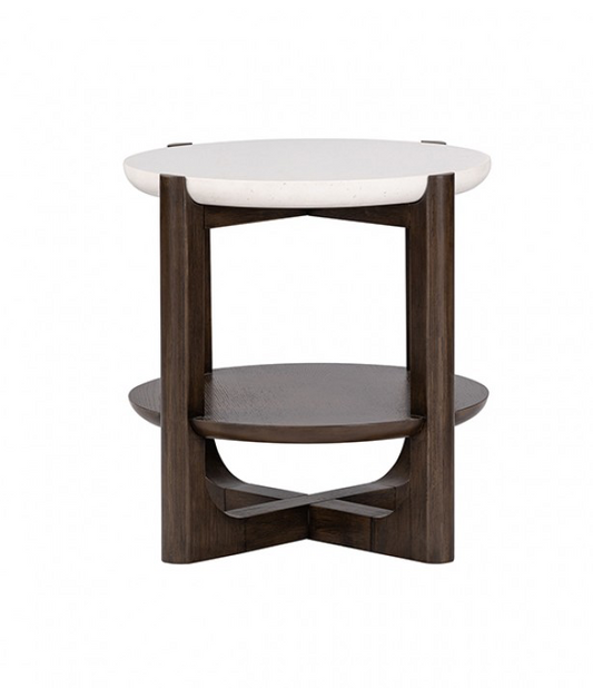 Vellara Transitional End Table with Quartz Stone Top & USB Charging – Dark Walnut - Finally Home Furnishings LLC