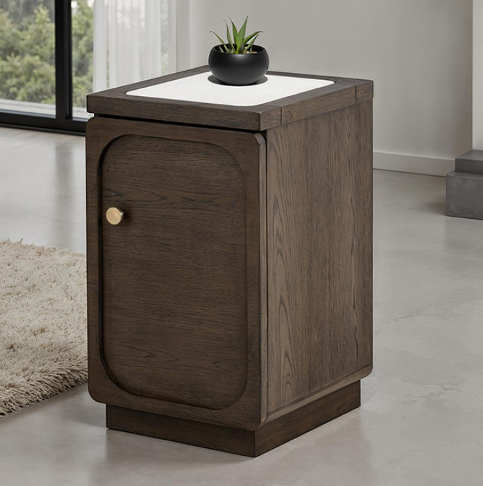 Vellara Transitional Chairside Table with Quartz Stone Top & USB Charging – Dark Walnut - Finally Home Furnishings LLC