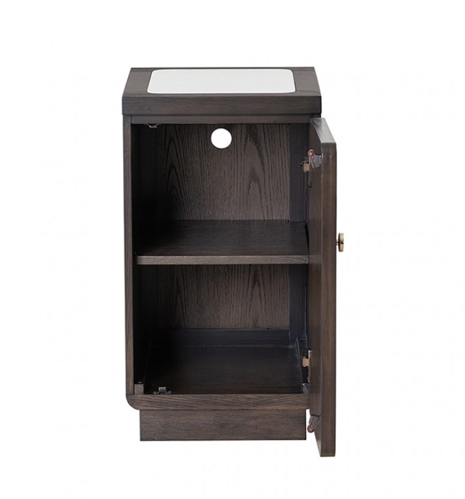 Vellara Transitional Chairside Table with Quartz Stone Top & USB Charging – Dark Walnut - Finally Home Furnishings LLC