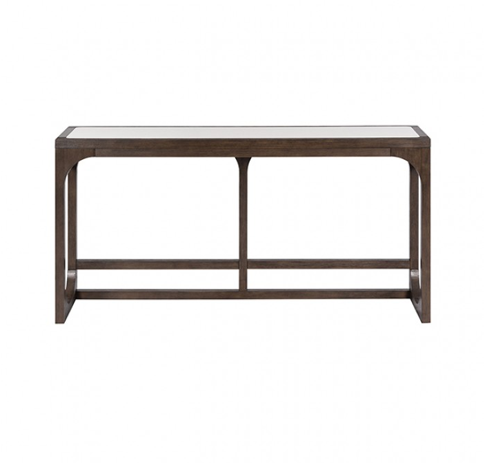 Vellara Transitional Sofa Table with Quartz Stone Top & USB Charging – Dark Walnut - Finally Home Furnishings LLC