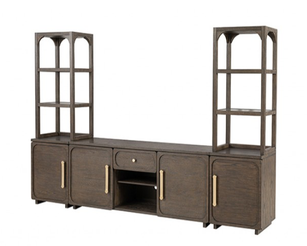 Vellara Transitional Entertainment Center with Stone Top & Gold Hardware – Dark Walnut - Finally Home Furnishings LLC