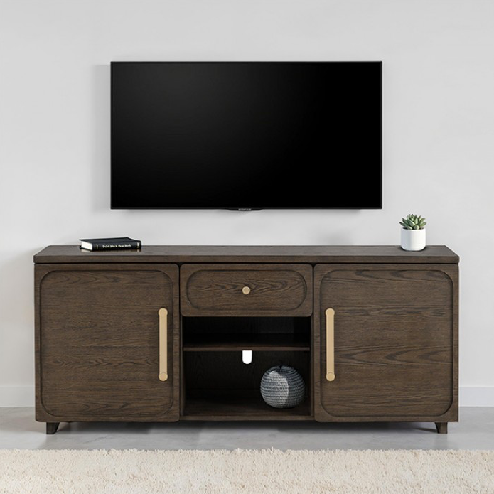 Vellara Transitional 70” TV Console with Stone Top & Gold Hardware – Dark Walnut - Finally Home Furnishings LLC