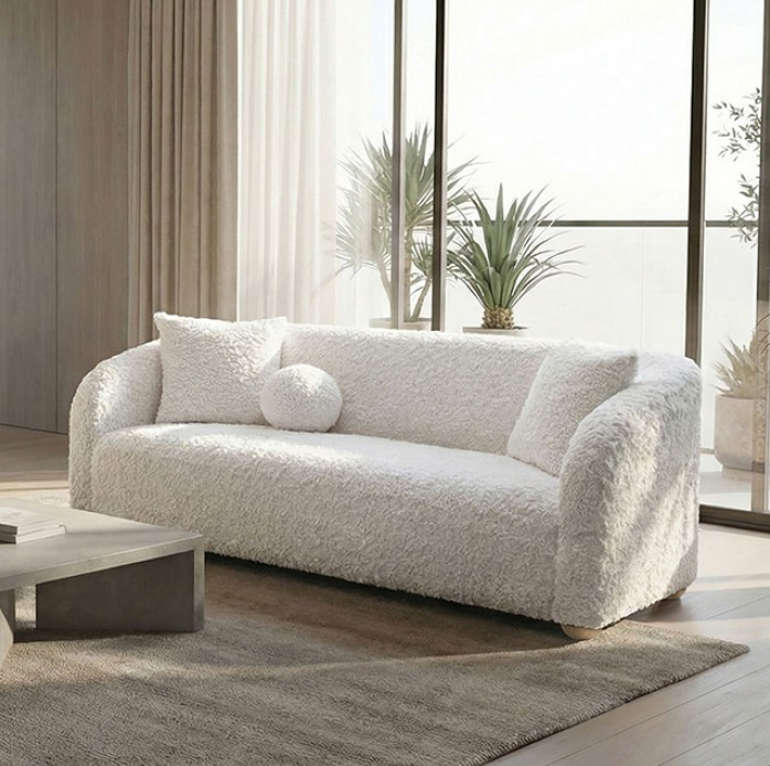Orevis Contemporary White Faux Sheep Upholstered Living Room Set