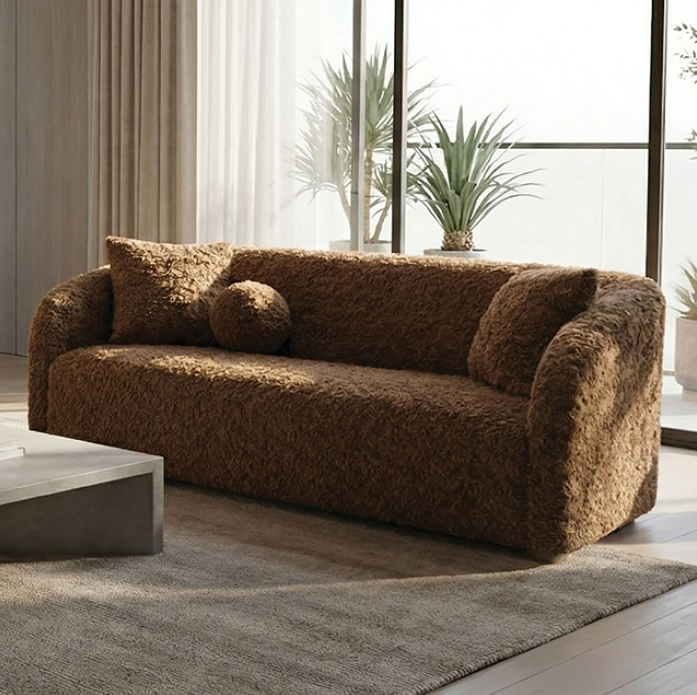 Orevis Contemporary Brown Faux Sheep Upholstered Sofa