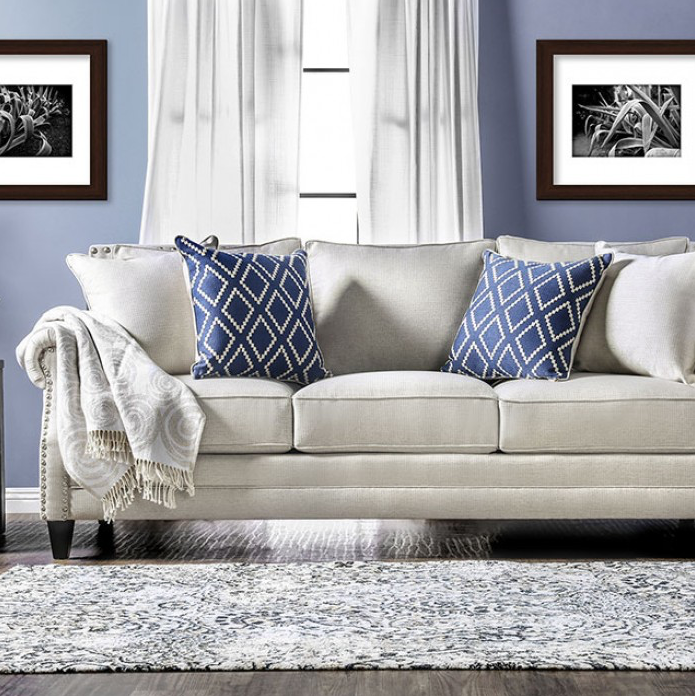 Giovanni Transitional Style Beige Linen Rolled Arm Sofa & Loveseat Set
