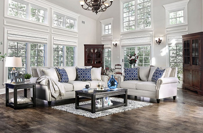 Giovanni Transitional Style Beige Linen Rolled Arm Sofa & Loveseat Set