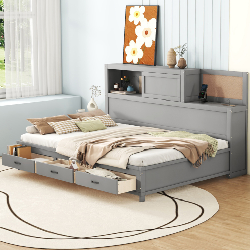 Elvienne Twin Size Wooden Daybed with 3 Storage Drawers 3 Colors