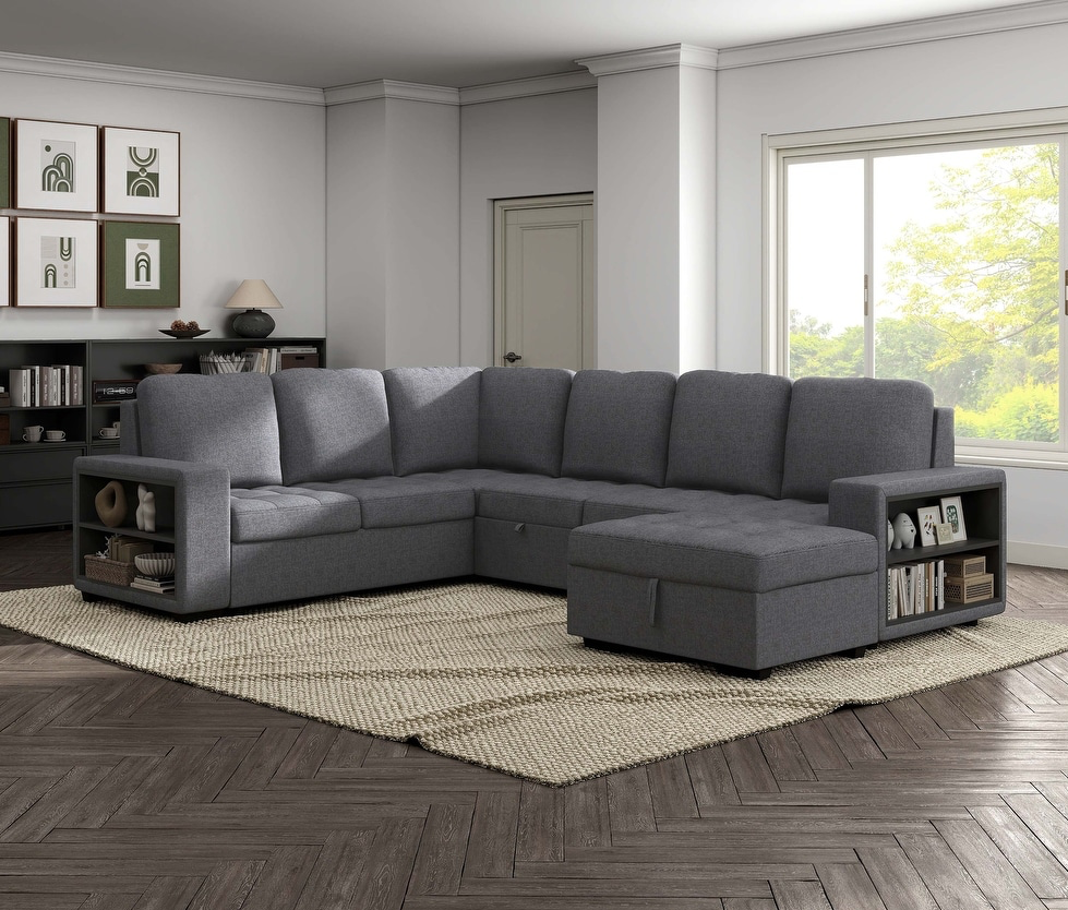 Stockwell Modern Biscuit Tufted Seat Sleeper Sofa Sectional with Storage Shelves and USB Ports