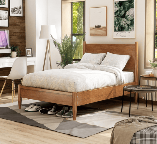 Lennart II Oak Finish Mid-Century Modern Queen Platform Bed