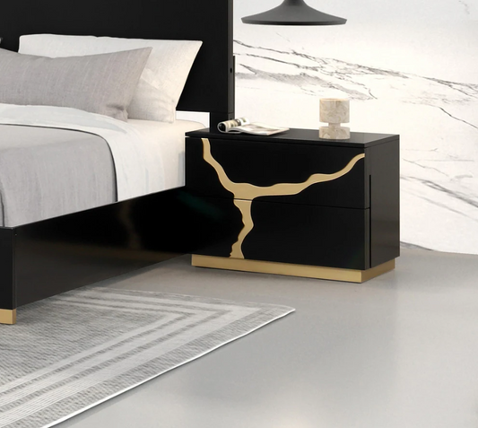 Goldsberg Contemporary Nightstand in Black with Gold Pattern