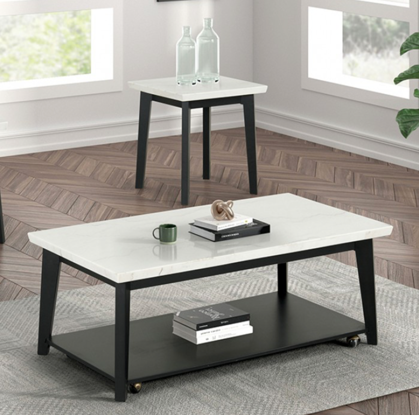 Thisted Modern White & Genuine Marble Rectangular Top Coffee Table