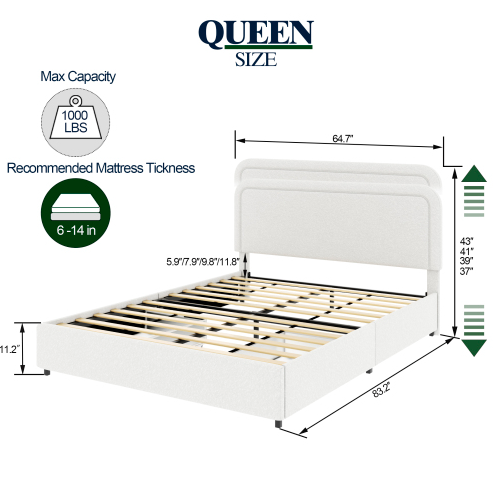 Lunara 2-Drawer Ivory Bouclé Upholstered Queen Platform Bed