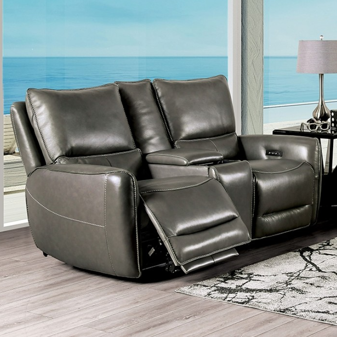 Phineas Transitional 2-Piece Power Reclining Sofa & Loveseat Set – Gray Leather