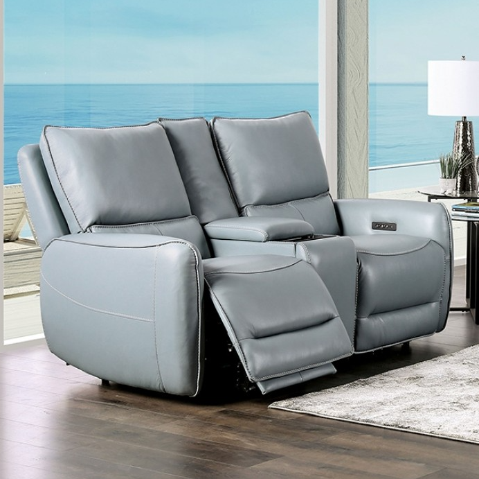 Phineas Transitional 2-Piece Power Reclining Sofa & Loveseat Set – Pale Blue Leather