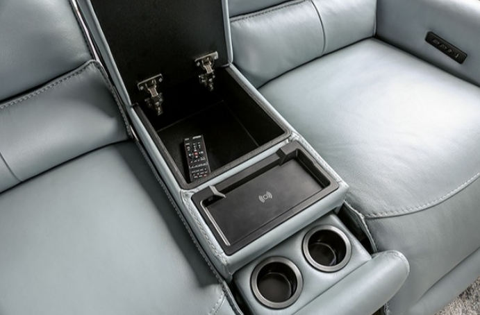 Phineas Transitional 2-Piece Power Reclining Sofa & Loveseat Set – Pale Blue Leather