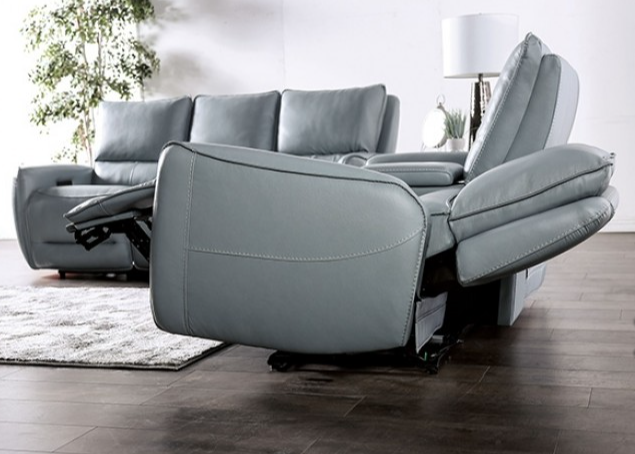 Phineas Transitional 2-Piece Power Reclining Sofa & Loveseat Set – Pale Blue Leather