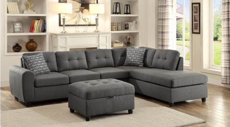 Stone Transitional Sectional & Ottoman  In Gray Linen Fabric