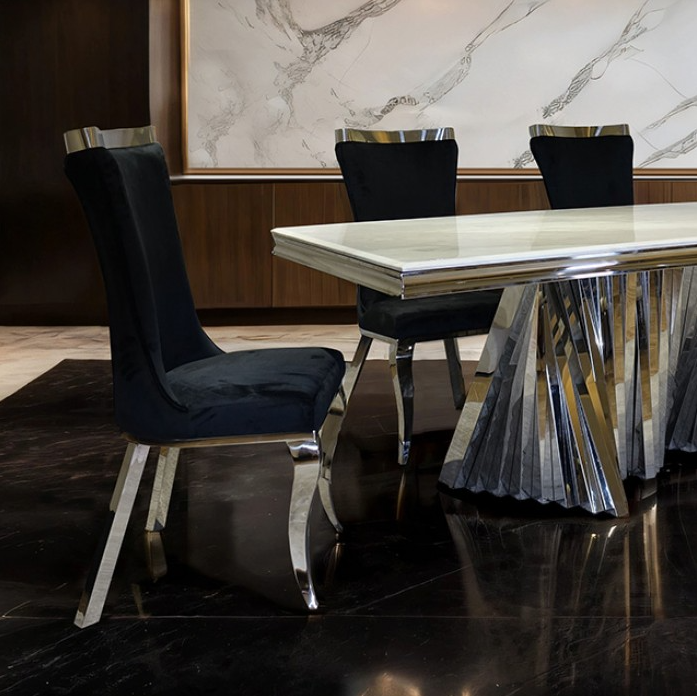 Basilicata 79" 7-Piece White Sintered Stone & Silver Dining Set
