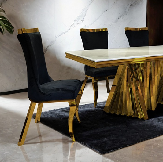 Basilicata 79" 7-Piece White Sintered Stone & Gold Dining Set