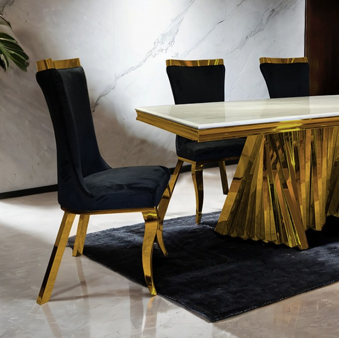 Basilicata 79" 7-Piece White Sintered Stone & Gold Dining Set