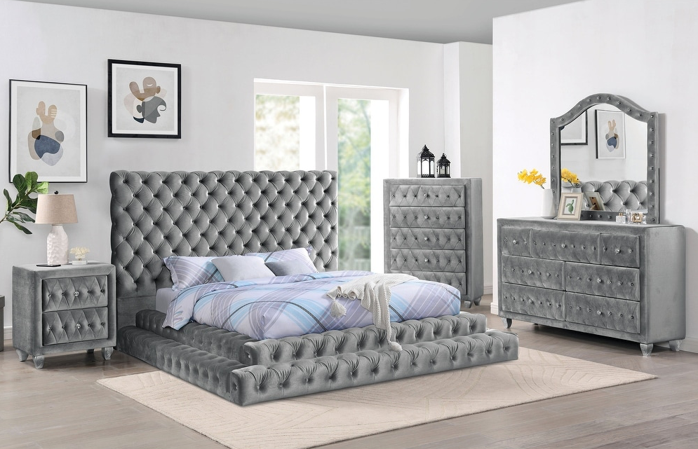 Stefania Gray Velvet Glam King Platform Bed