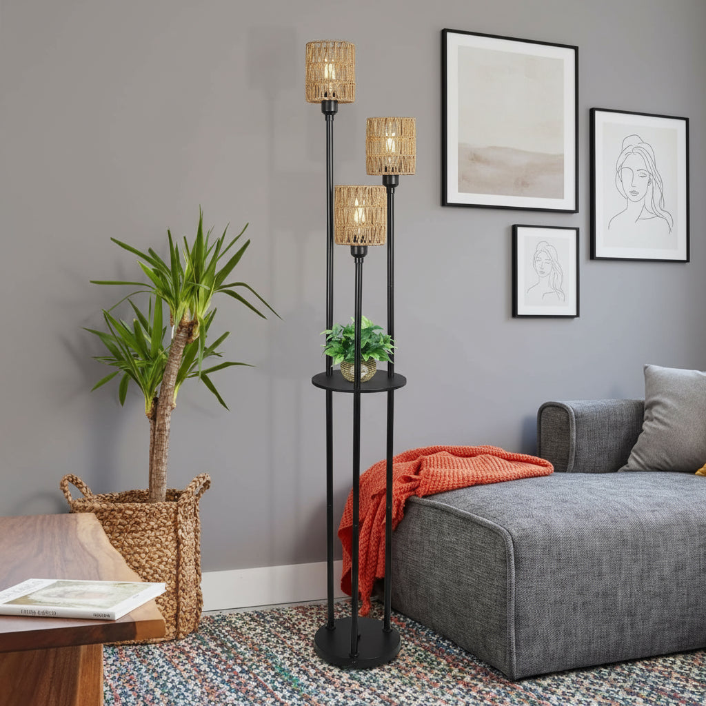 rattan floor lamp with black base