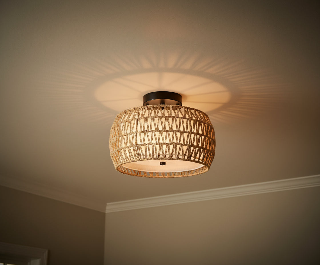 Ceiling light fixture with woven design on a white background