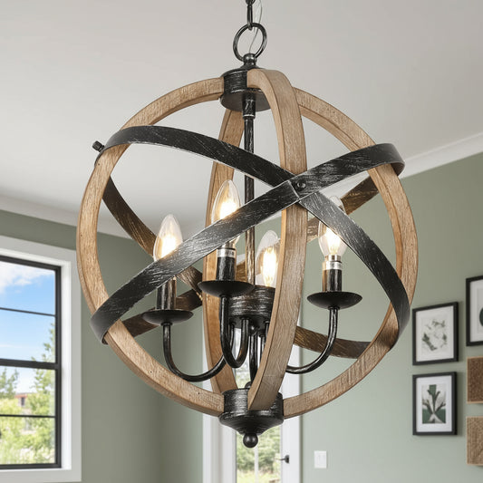 Wooden and metal chandelier hanging in a room with a window and wall decor.