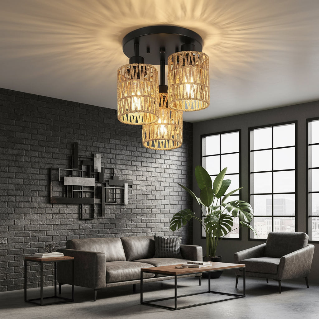 Rattan ceiling light fixture with gold cage design on a ceiling