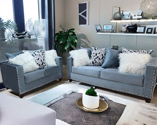Kensington 2-Piece Velvet Sofa & Loveseat Set with Nailhead Trim – Gray