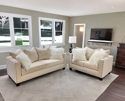 Kensington 2-Piece Velvet Sofa & Loveseat Set with Nailhead Trim – Cream
