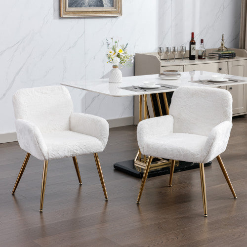 A&A Modern Set of 2 White Faux Fur Chair with Golden Metal Legs