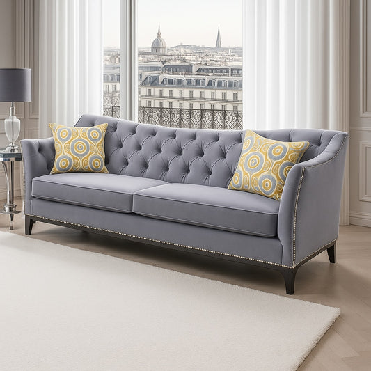 Wilmette Transitional Sofa in Gray Velvet with Button Tufting and Nailhead Trim