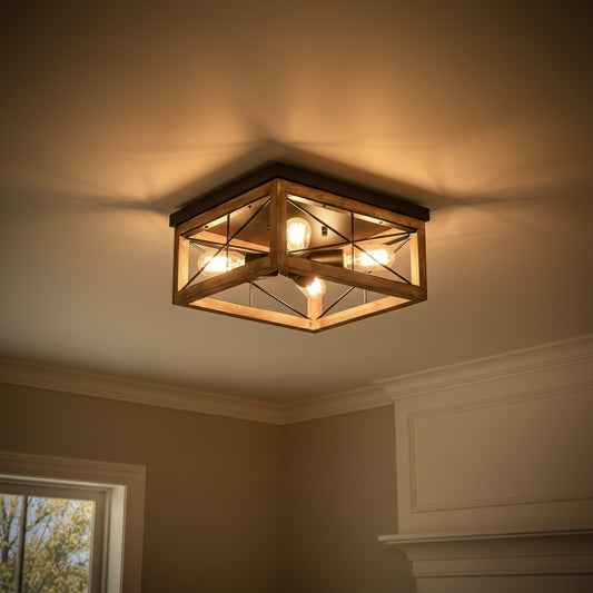 Ceiling light fixture with wooden frame and glass panels on a neutral background