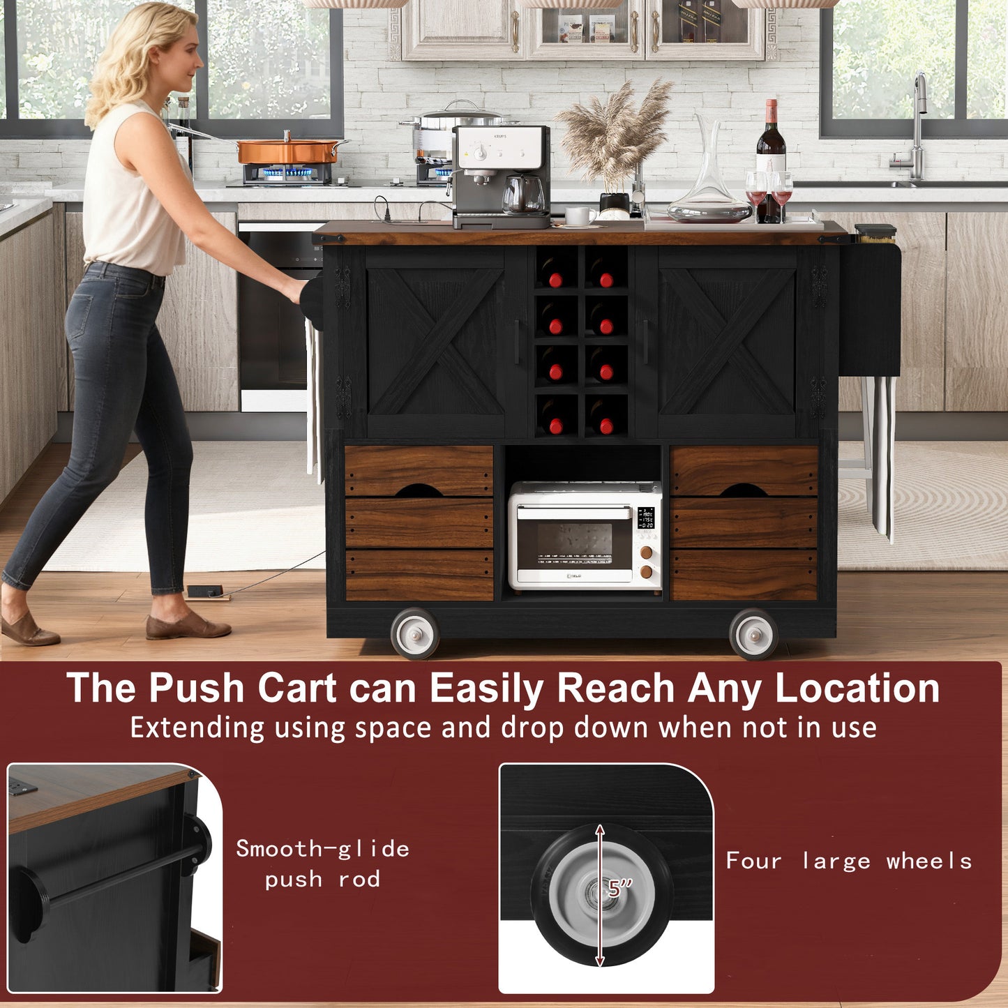 K&k 54' Farmhouse Kitchen Island with Drop Leaf - Black - detail view 6