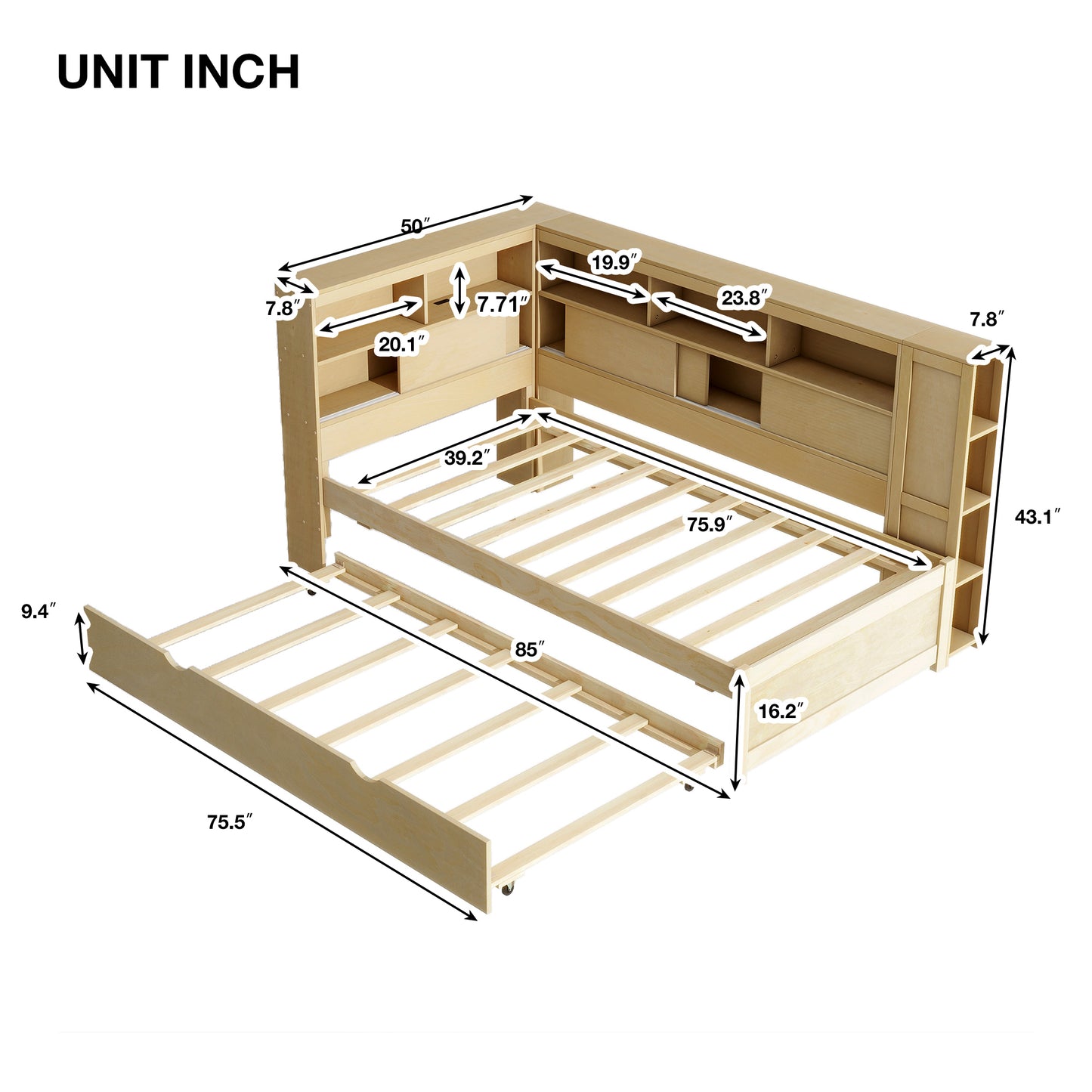 Auden Twin Size Wood Daybed with Storage Shelves, USB and Trundle, Natural