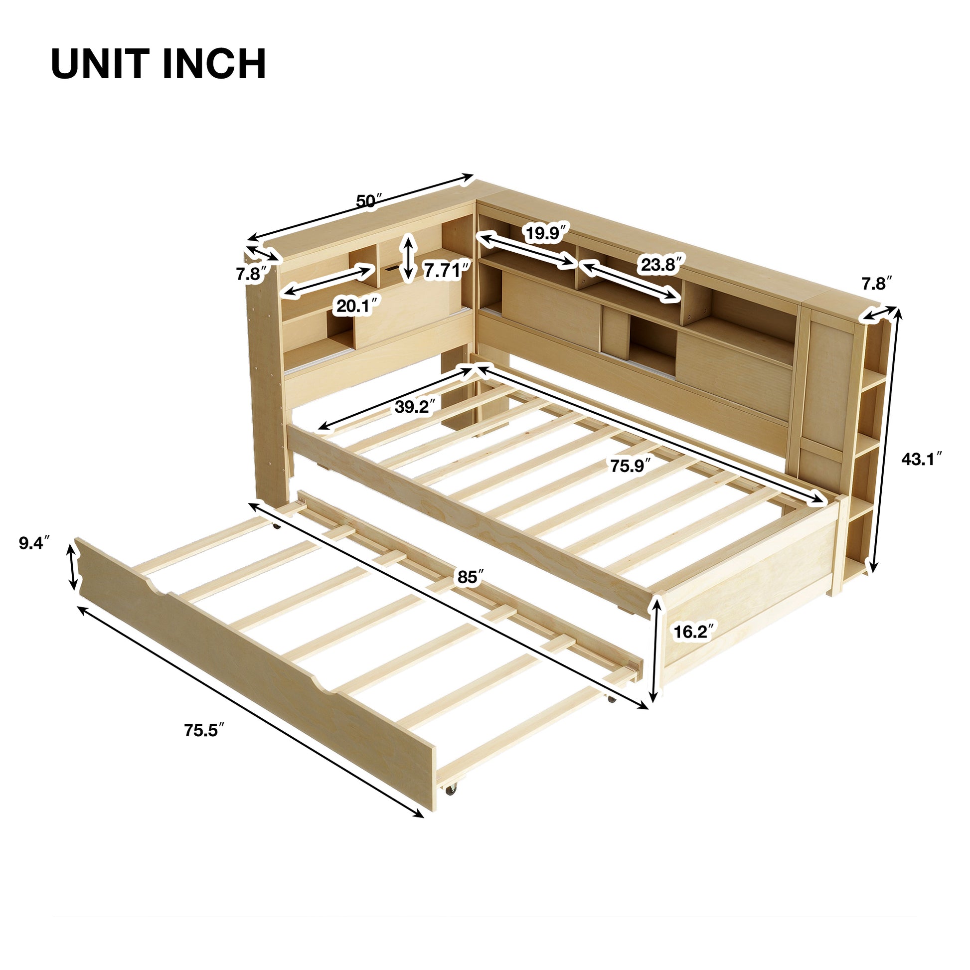 Auden Twin Size Wood Daybed with Storage Shelves, USB and Trundle, Natural