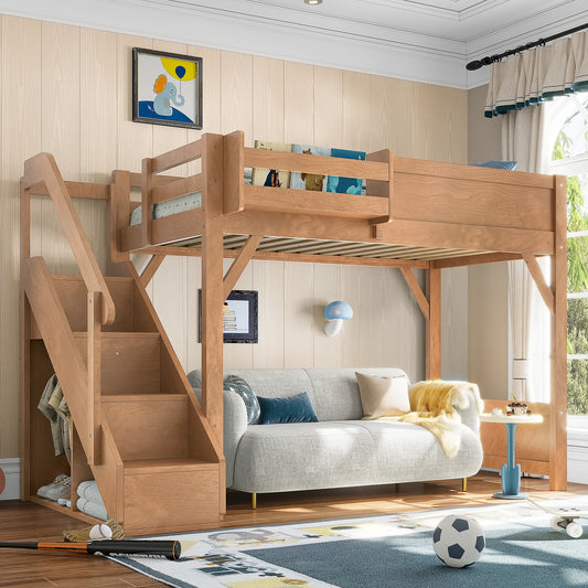 Twin Size Loft Bed with Built-in Wardrobe and Storage Space - Antique Natural - primary color shot