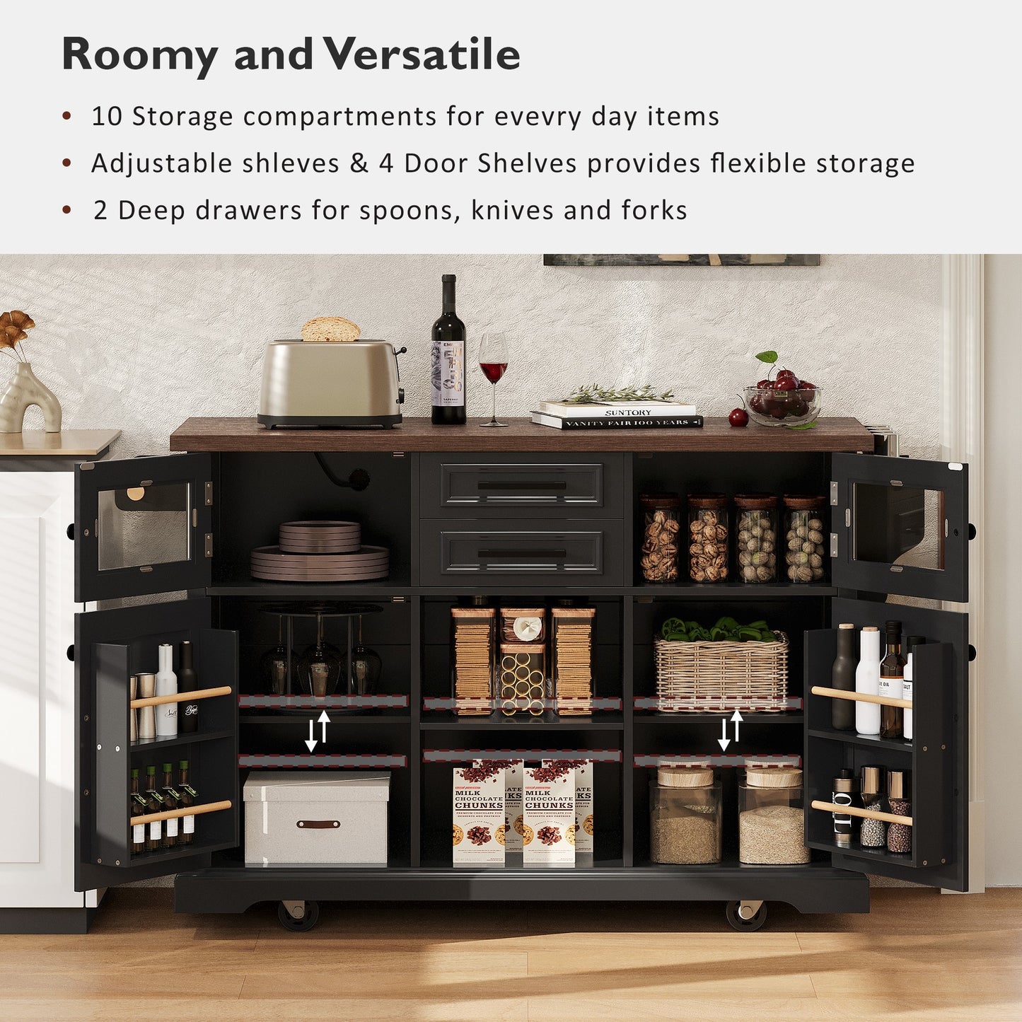 K&k 54.9' Kitchen Island with Drop Leaf - Black - detail view 5