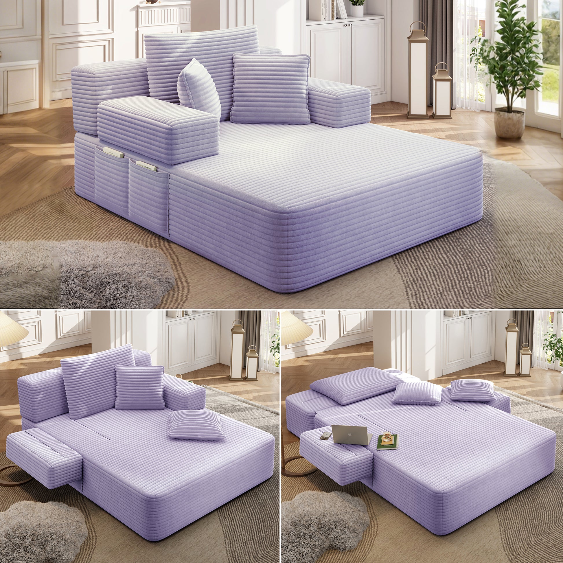 Luxurious Plush Corduroy Chaise Lounge with 3 Pillows - Purple - primary color shot