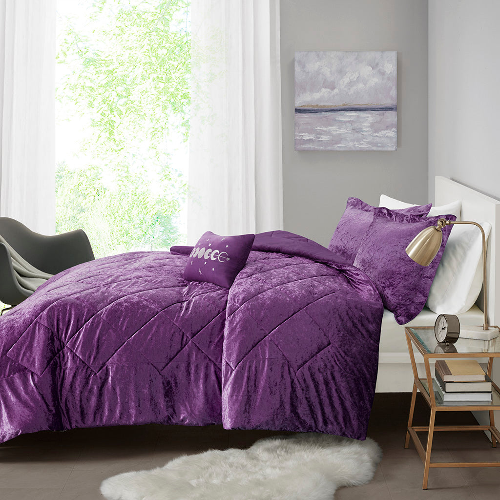 Purple Velvet Comforter Set with Throw Pillow