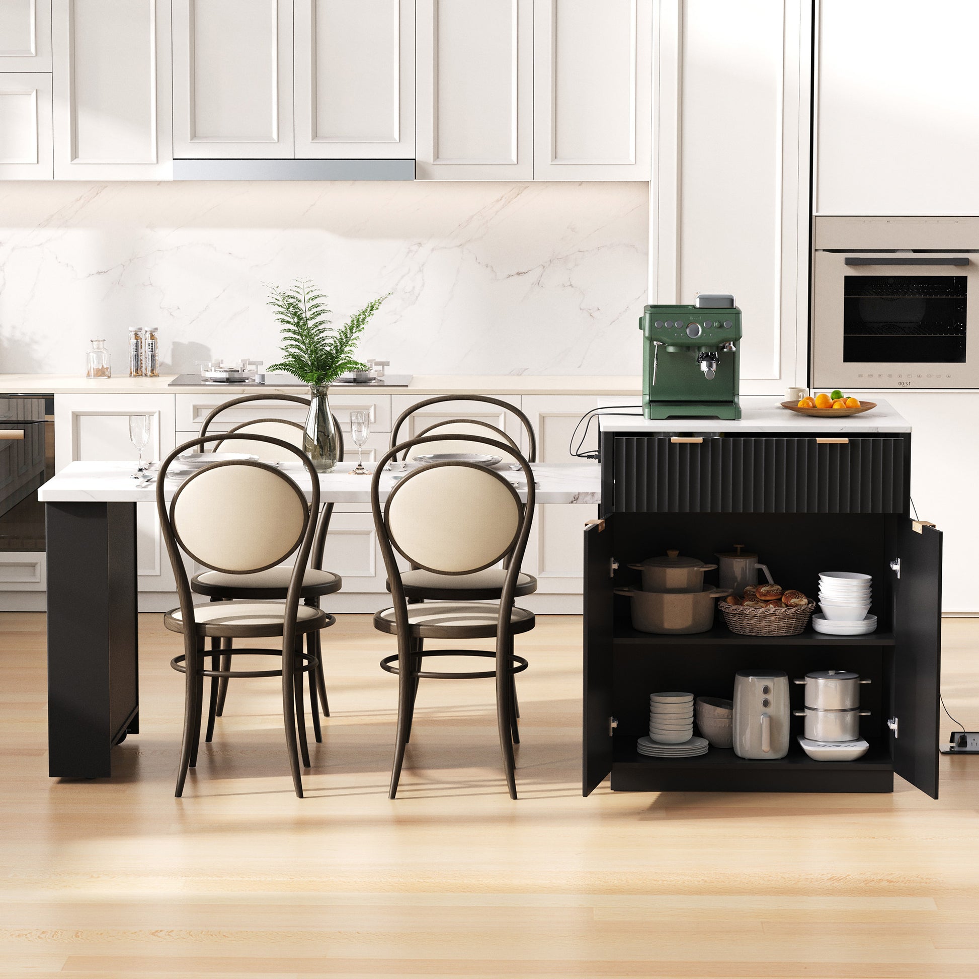 K&k 82.6' Fluted Kitchen Island with Extendable Dining Table for 4-6 - Black - detail view 3