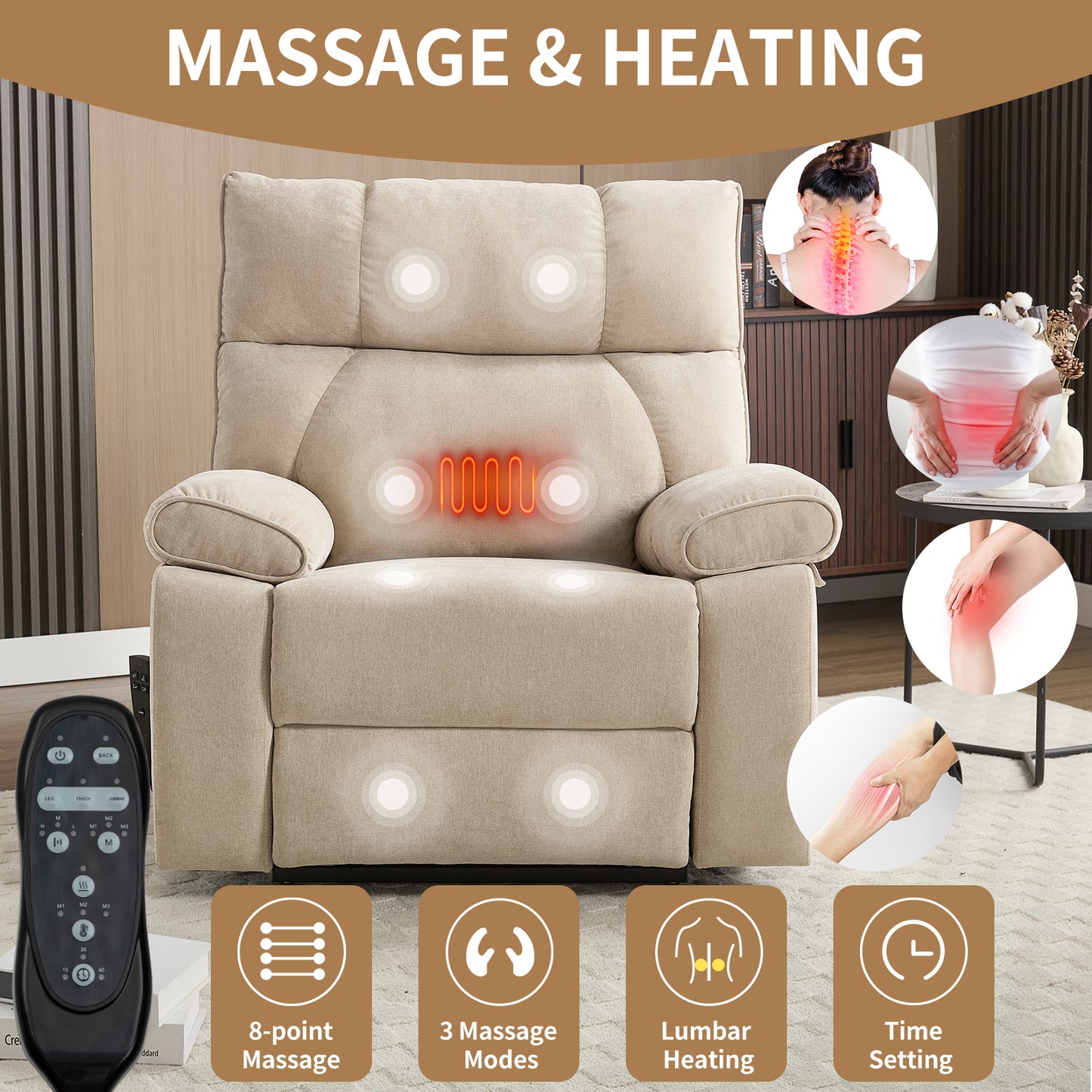 Beige Heat Massage Dual Motor Infinite Position Up to 350 LBS Large Electric Power Lift Recliners with Hidden Cup Holders - detail view 7