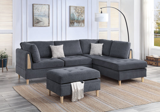 3-PCS Reversible Sectional Set Living Room Furniture Charcoal Color Chenille Couch Sofa, Reversible Chaise Ottoman - detail view 2