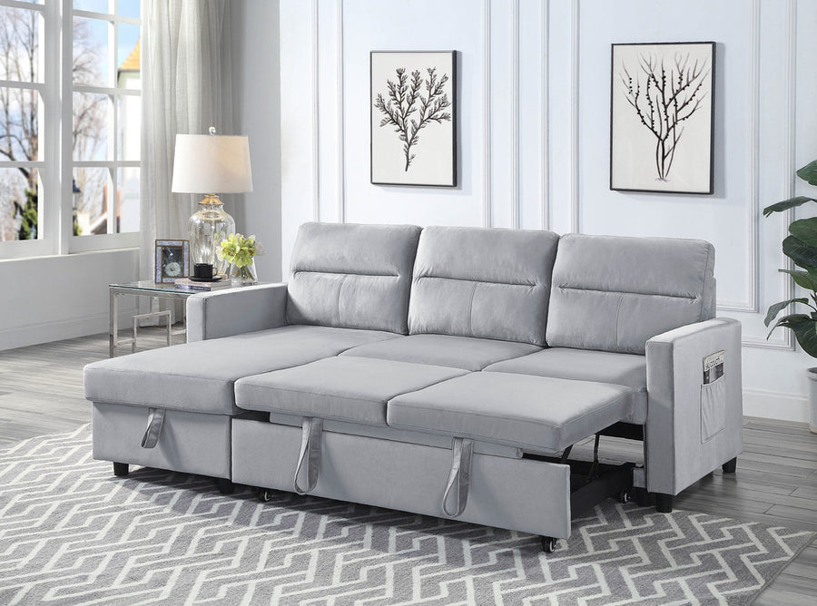 Ivy 81.5' Light Gray Velvet Reversible Sleeper Sectional Sofa with Storage Chaise and Side Pocket - primary color shot