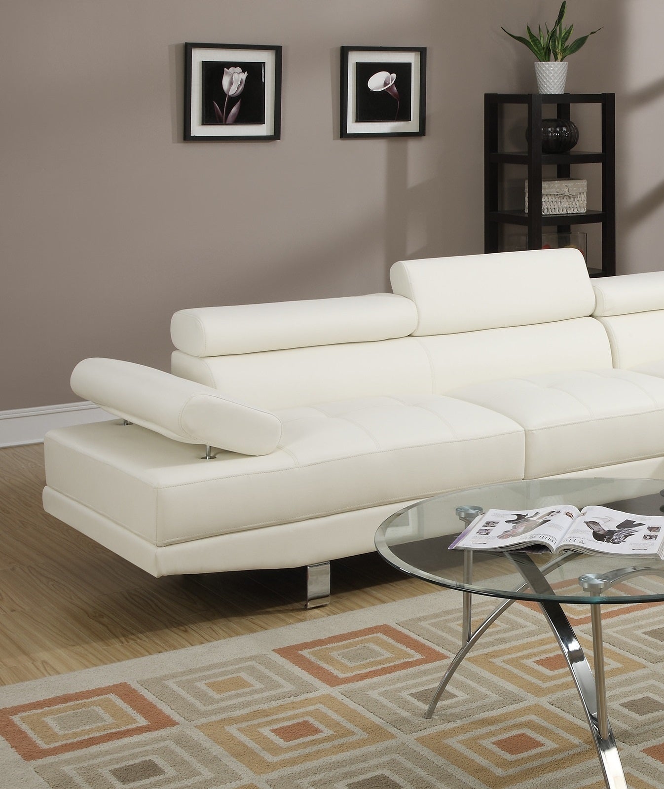 White Color Sectional Living Room Furniture Faux Leather Adjustable Headrest Right Facing Chaise & Left Facing Sofa - detail view 3