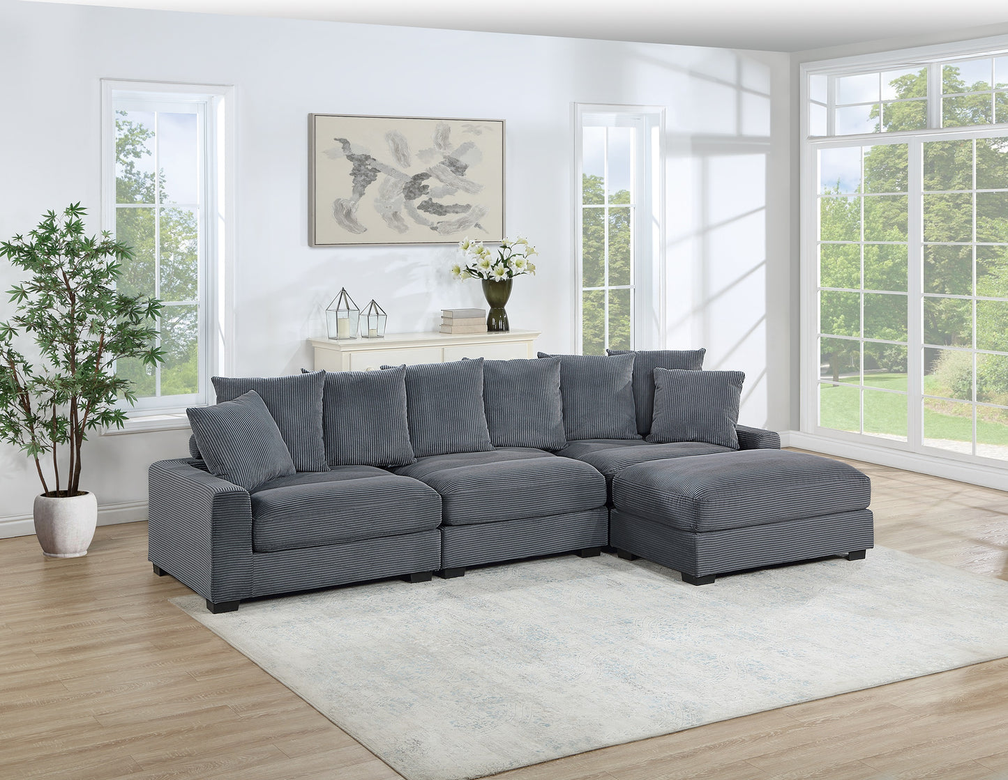 Contemporary Dark Gray 4pc Modular Sectional Set Corduroy Couch LAF & RAF Chairs Armless Chair Ottoman Living Room Furniture - primary color shot