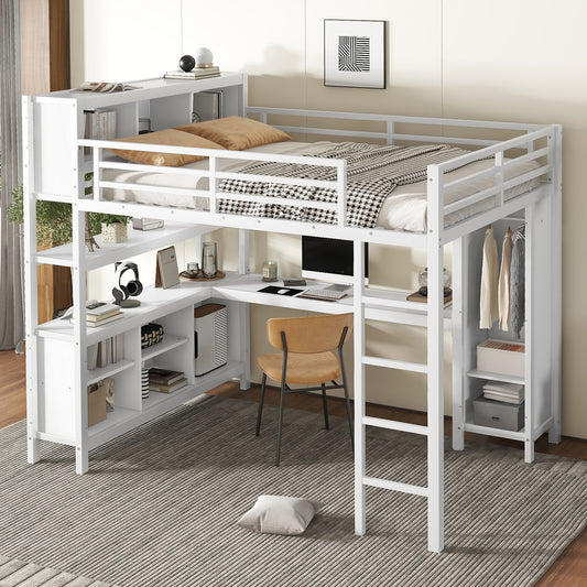 Metal Loft Bed with Wardrobe and L-Shaped Desk - Off White - detail view 2